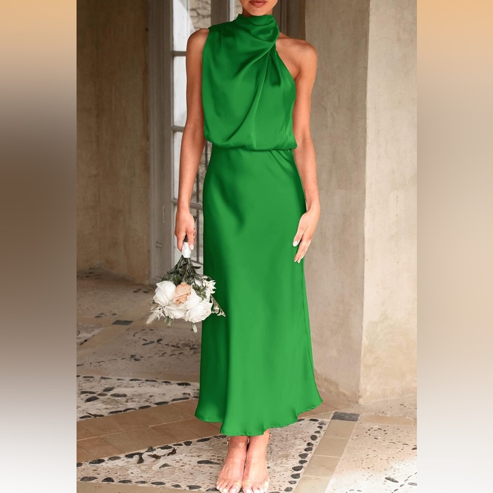 Satin Dress Elegant Sleeveless Mock Neck Cocktail Party Maxi Dresses - Picture 2 of 3